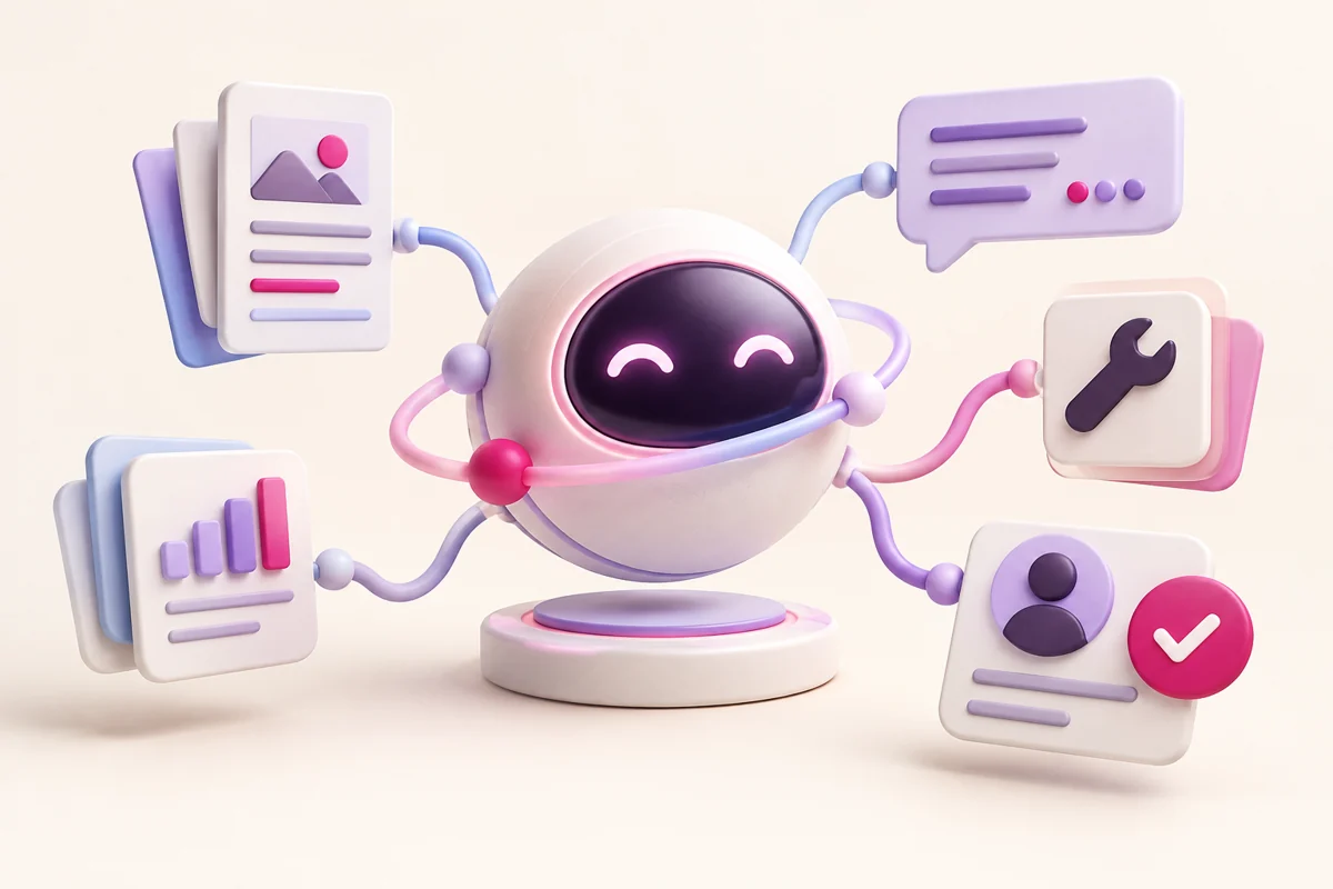AI 生成概念插畫：AI 助手串連文件、訊息、工具和人手覆核節點