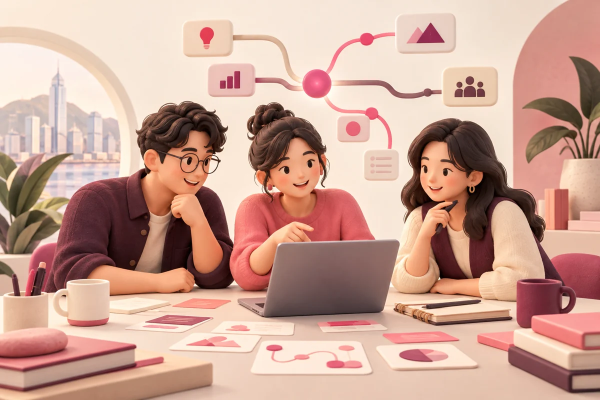 AI 生成概念插畫：團隊圍繞電腦協作，規劃 AI 應用路線圖